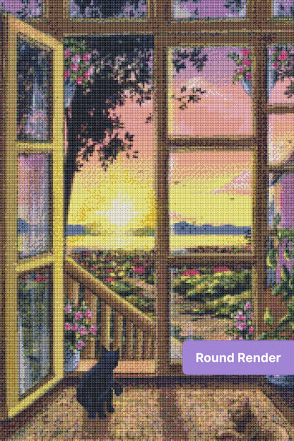 Sunset window view with two cats, wooden frames, flowers, and a tranquil landscape