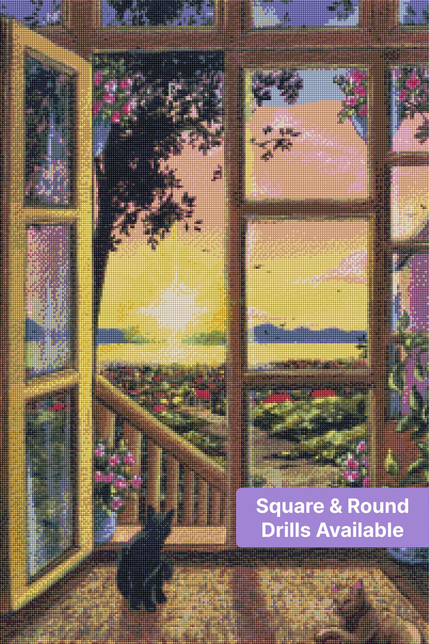 Sunset window view with two cats, wooden frames, flowers, and a tranquil landscape