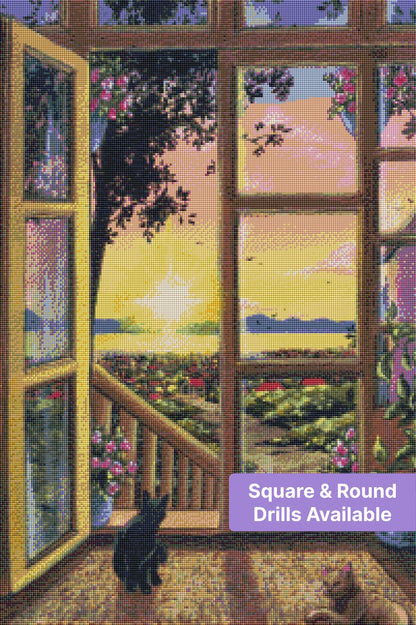Sunset window view with two cats, wooden frames, flowers, and a tranquil landscape