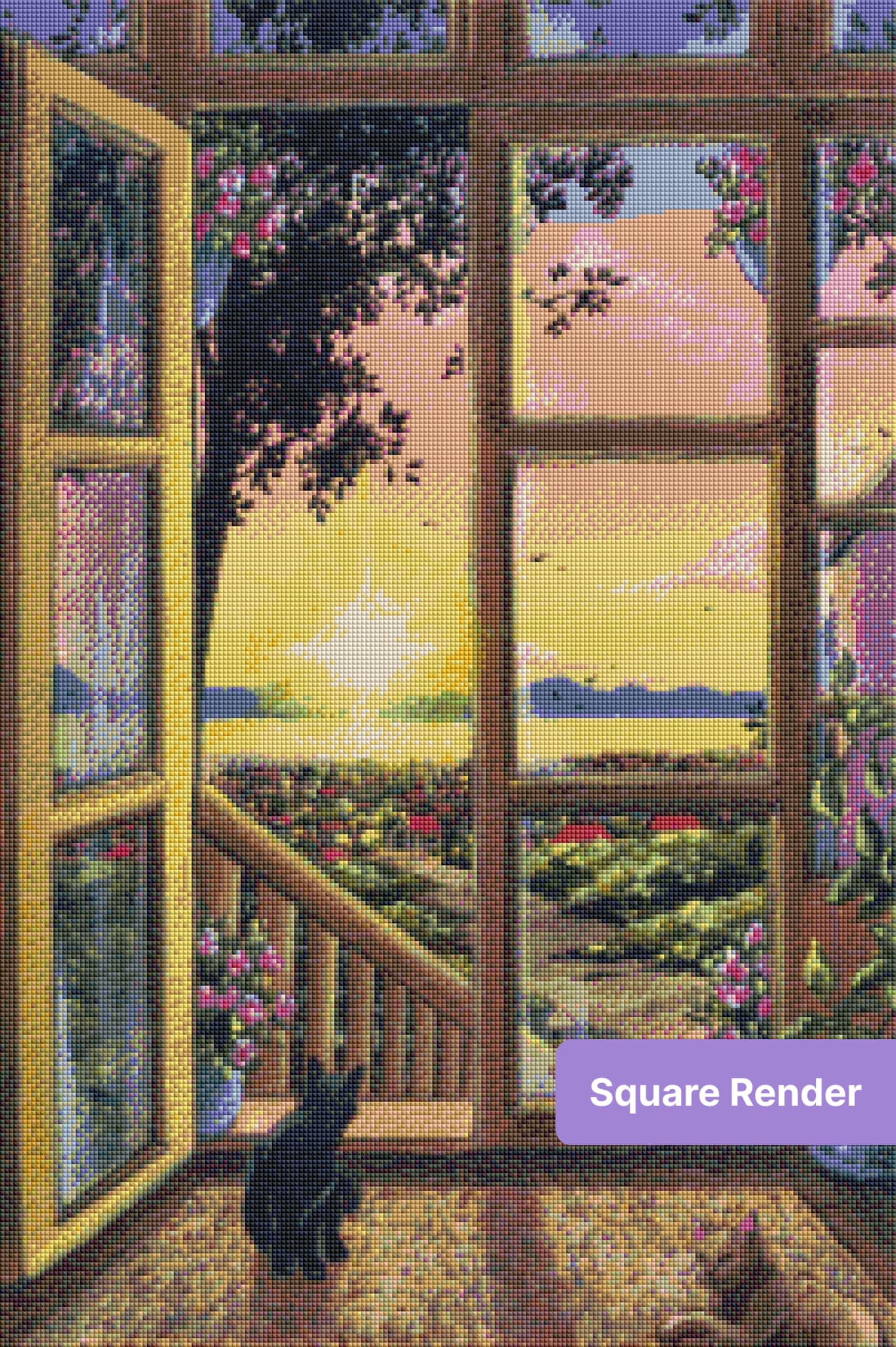 Sunset window view with two cats, wooden frames, flowers, and a tranquil landscape