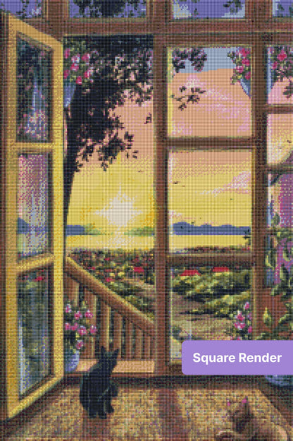 Sunset window view with two cats, wooden frames, flowers, and a tranquil landscape