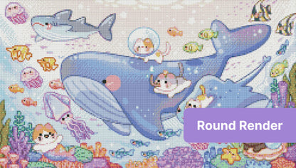 Cute pastel underwater whale scene with cartoon sea animals and coral reefs