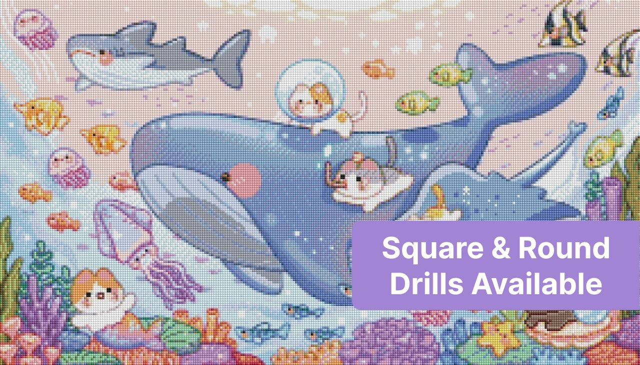 Cute pastel underwater whale scene with cartoon sea animals and coral reefs