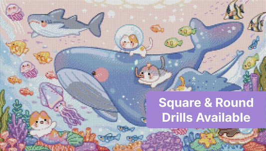 whale cats diamond art kit featuring a whimsical underwater cat scene