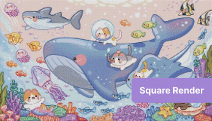 Cute pastel underwater whale scene with cartoon sea animals and coral reefs