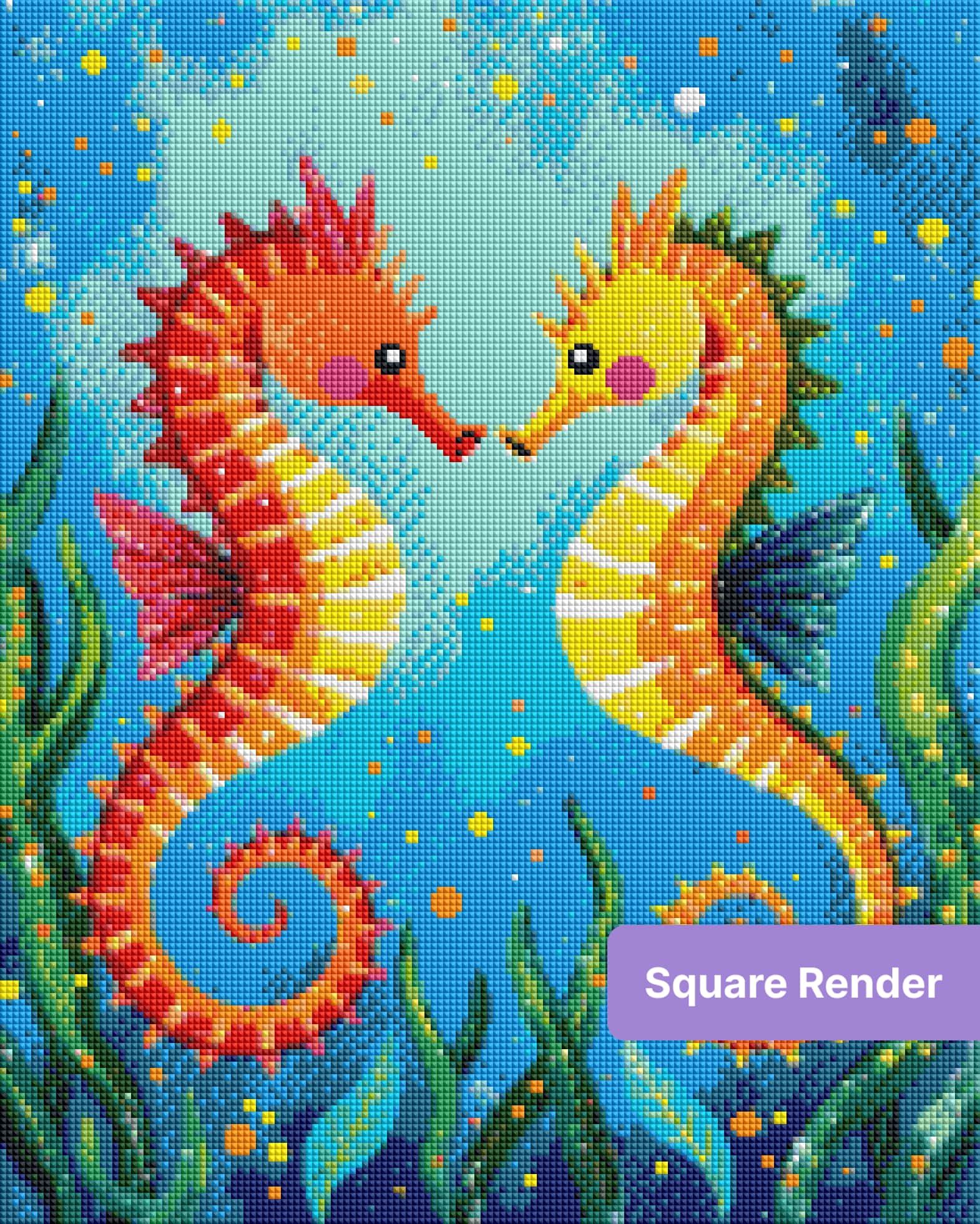 Two colorful seahorses in a whimsical underwater scene with bright coral and sea plants