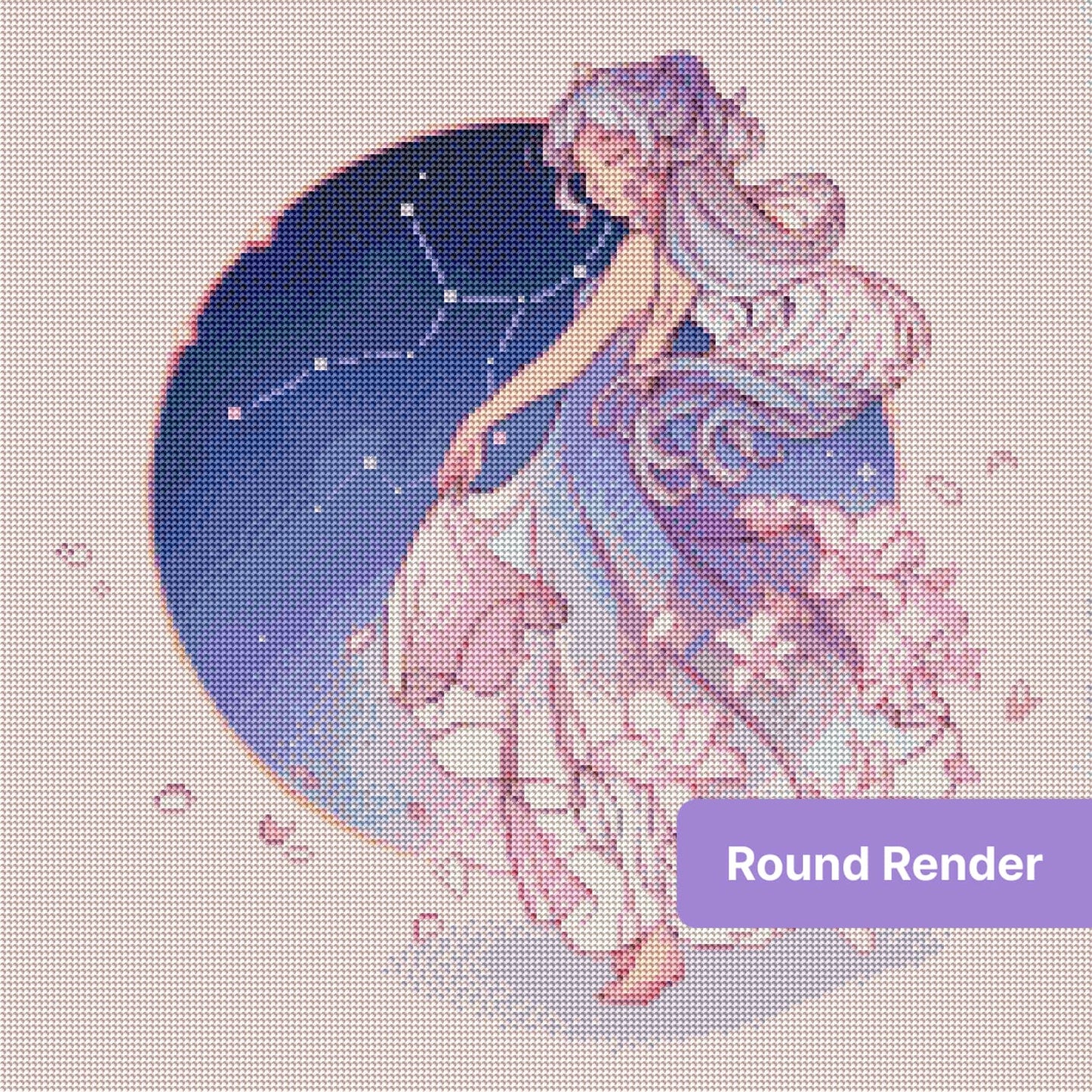 Elegant silver-haired girl with stars, flowers, and flowing dress in fantasy style