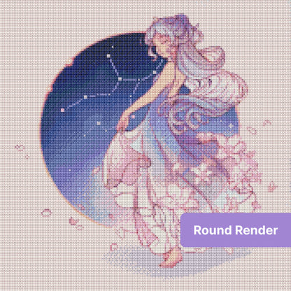 Elegant silver-haired girl with stars, flowers, and flowing dress in fantasy style