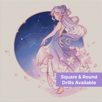 Elegant silver-haired girl with stars, flowers, and flowing dress in fantasy style