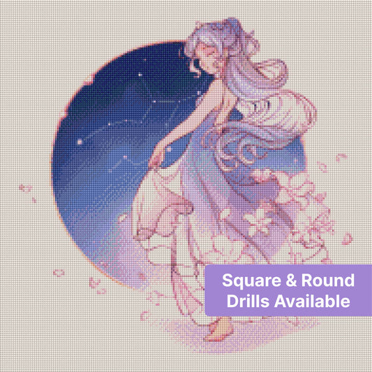 Elegant silver-haired girl with stars, flowers, and flowing dress in fantasy style