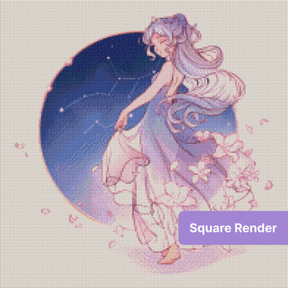 Elegant silver-haired girl with stars, flowers, and flowing dress in fantasy style