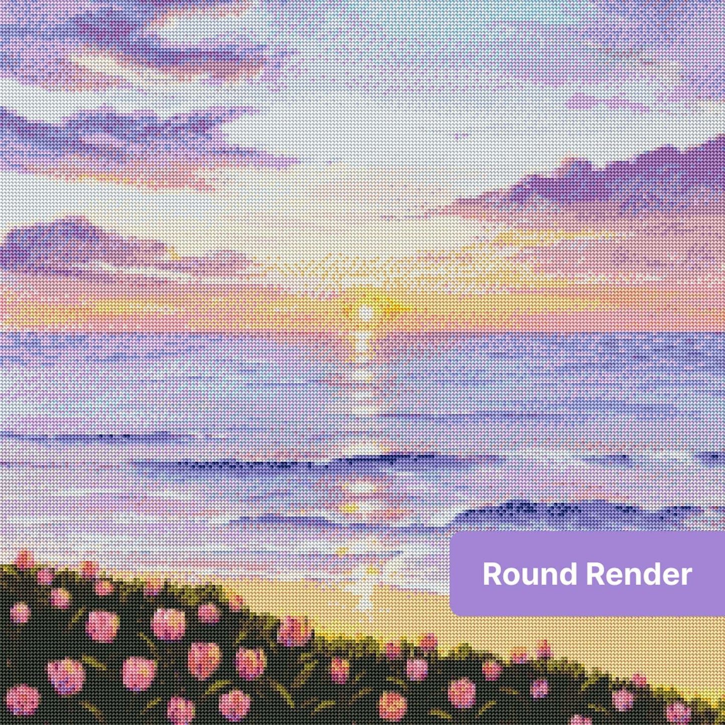 Purple tulips framing a pastel sunset ocean scene with soft waves and glowing clouds