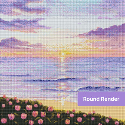 Purple tulips framing a pastel sunset ocean scene with soft waves and glowing clouds
