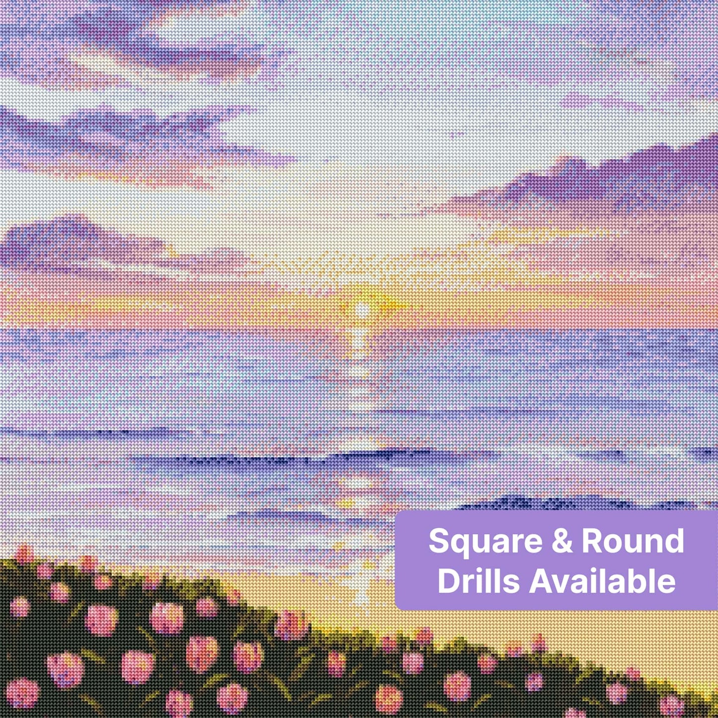 Purple tulips framing a pastel sunset ocean scene with soft waves and glowing clouds