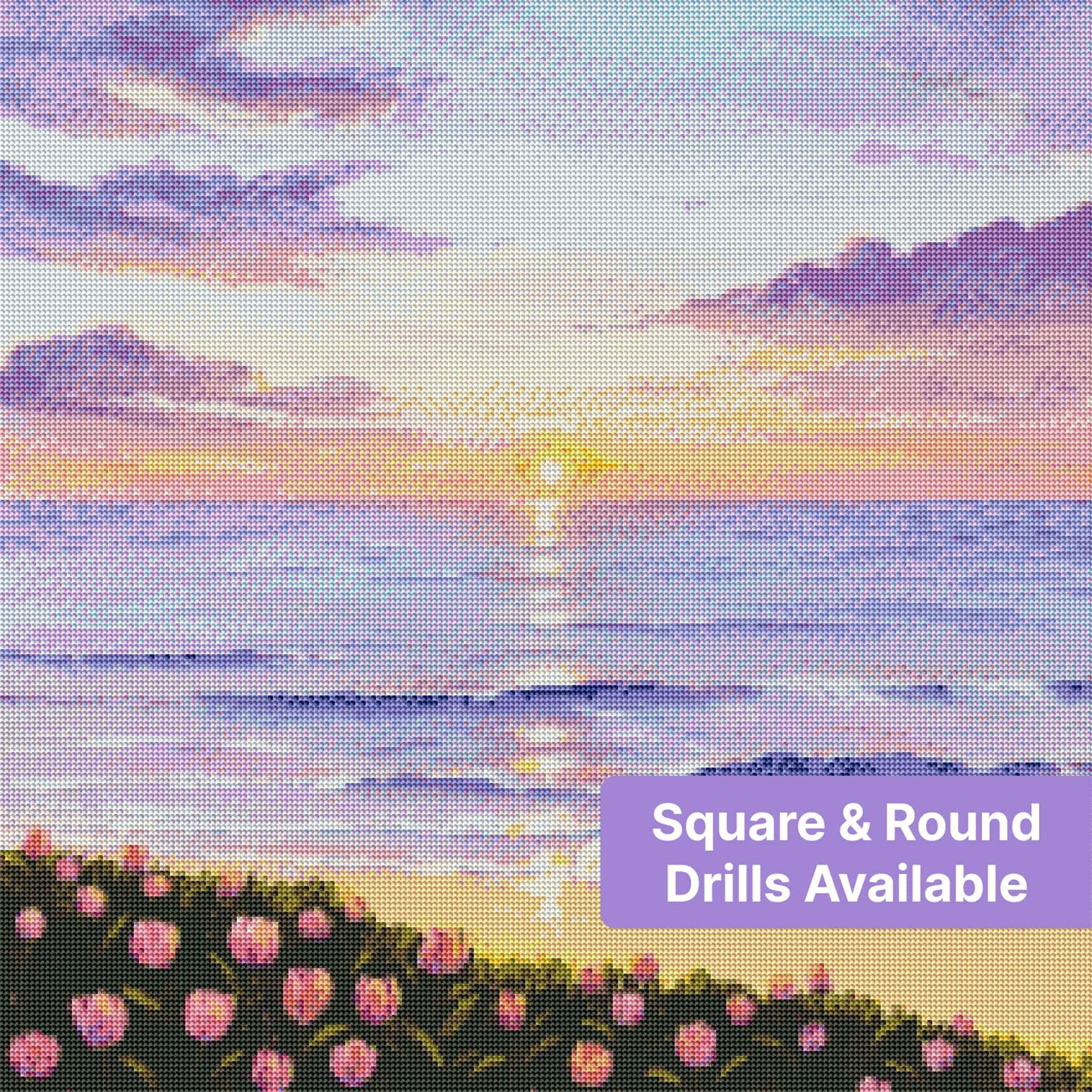Purple tulips framing a pastel sunset ocean scene with soft waves and glowing clouds