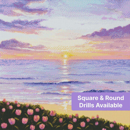 Purple tulips framing a pastel sunset ocean scene with soft waves and glowing clouds