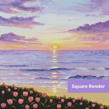 Purple tulips framing a pastel sunset ocean scene with soft waves and glowing clouds