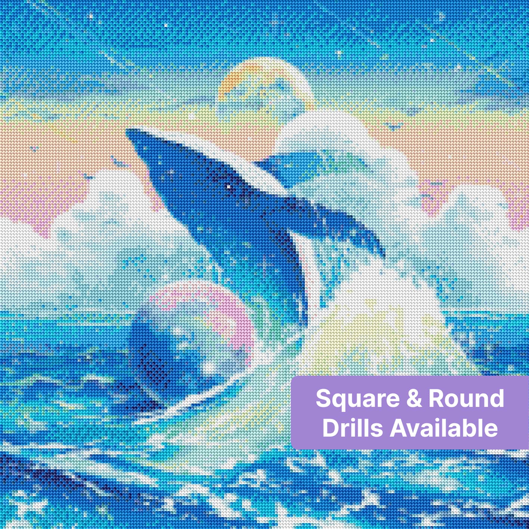Fantasy whale emerging from sparkling ocean waves under a pastel moonlit sky