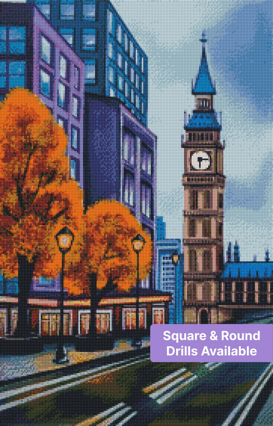 Stylized city street with clock tower, autumn trees, and modern blue buildings