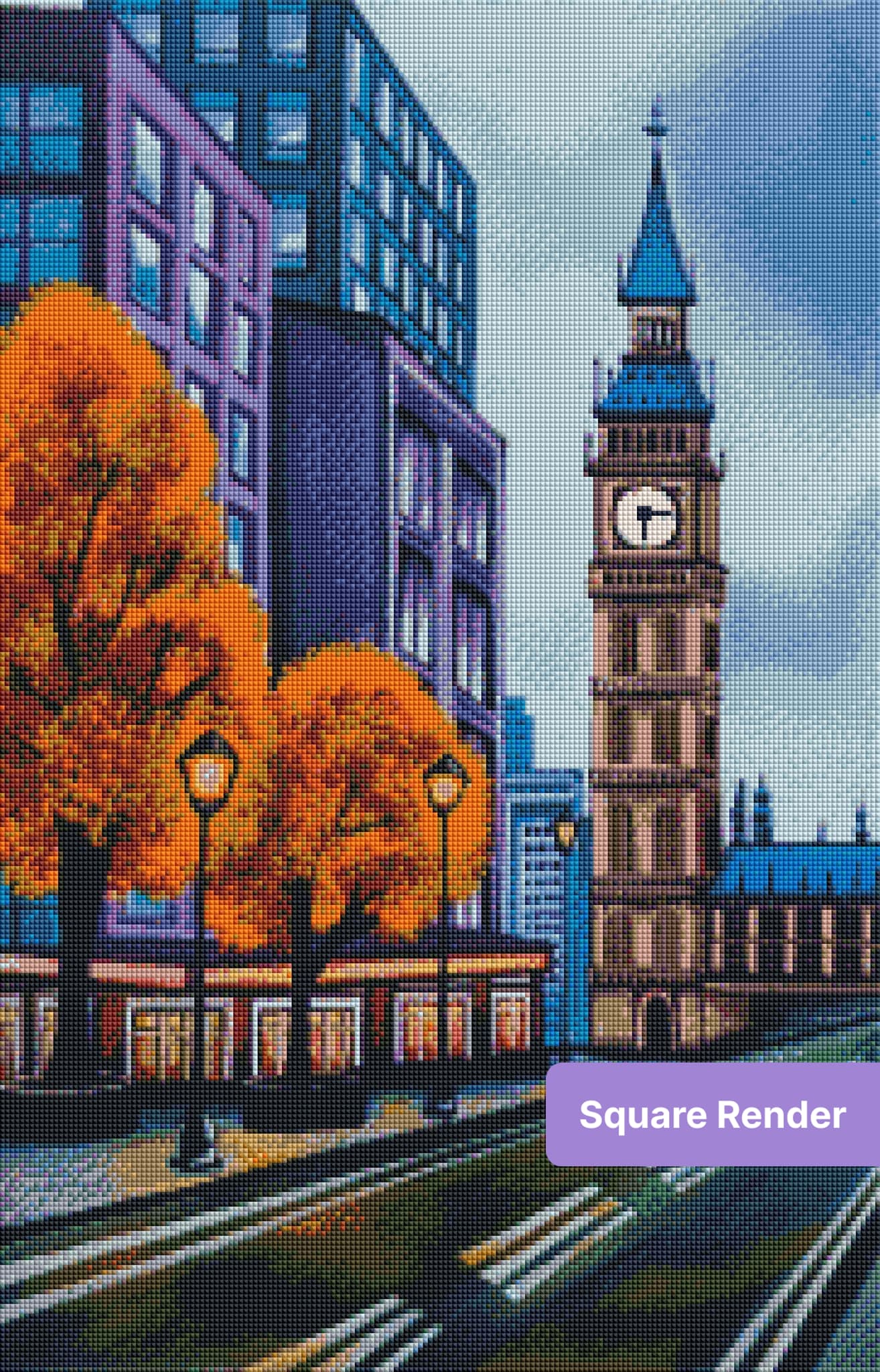 Stylized city street with clock tower, autumn trees, and modern blue buildings