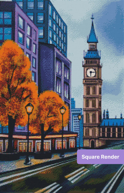 Stylized city street with clock tower, autumn trees, and modern blue buildings