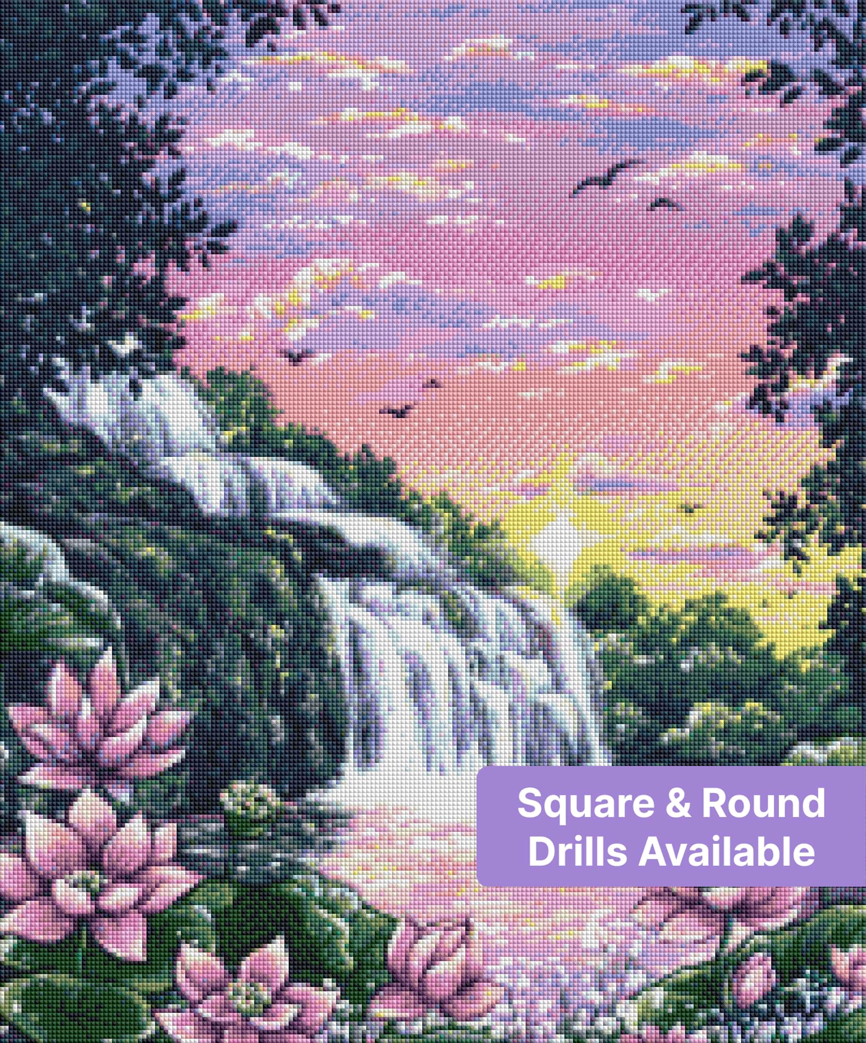 waterfall sunset diamond art kit featuring a serene pink waterfall landscape
