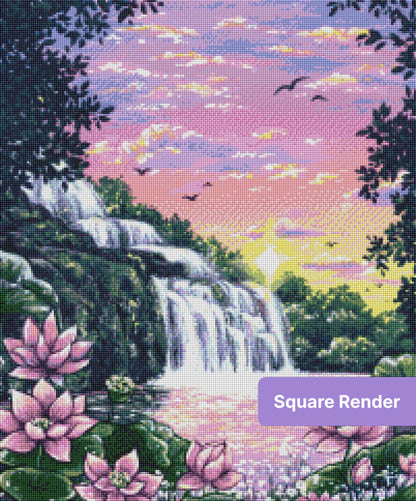 waterfall sunset diamond art kit featuring a serene pink waterfall landscape