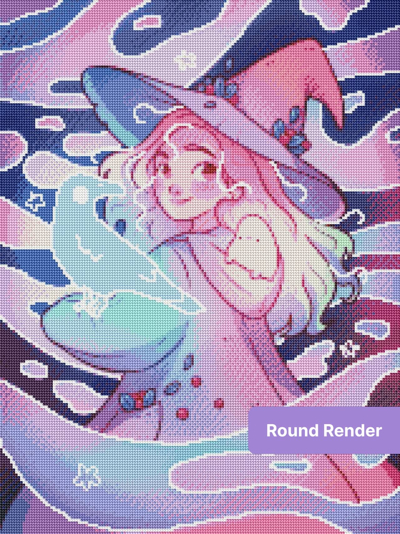 Cartoon witch girl with pastel ravens in a dreamy purple fantasy style
