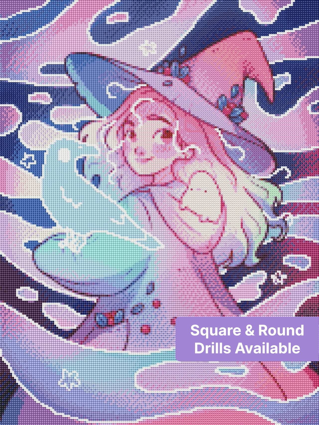 Cartoon witch girl with pastel ravens in a dreamy purple fantasy style