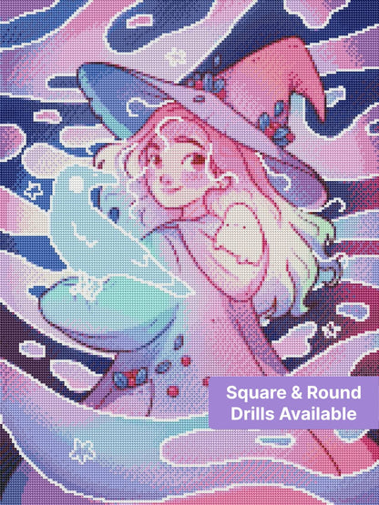 Cartoon witch girl with pastel ravens in a dreamy purple fantasy style