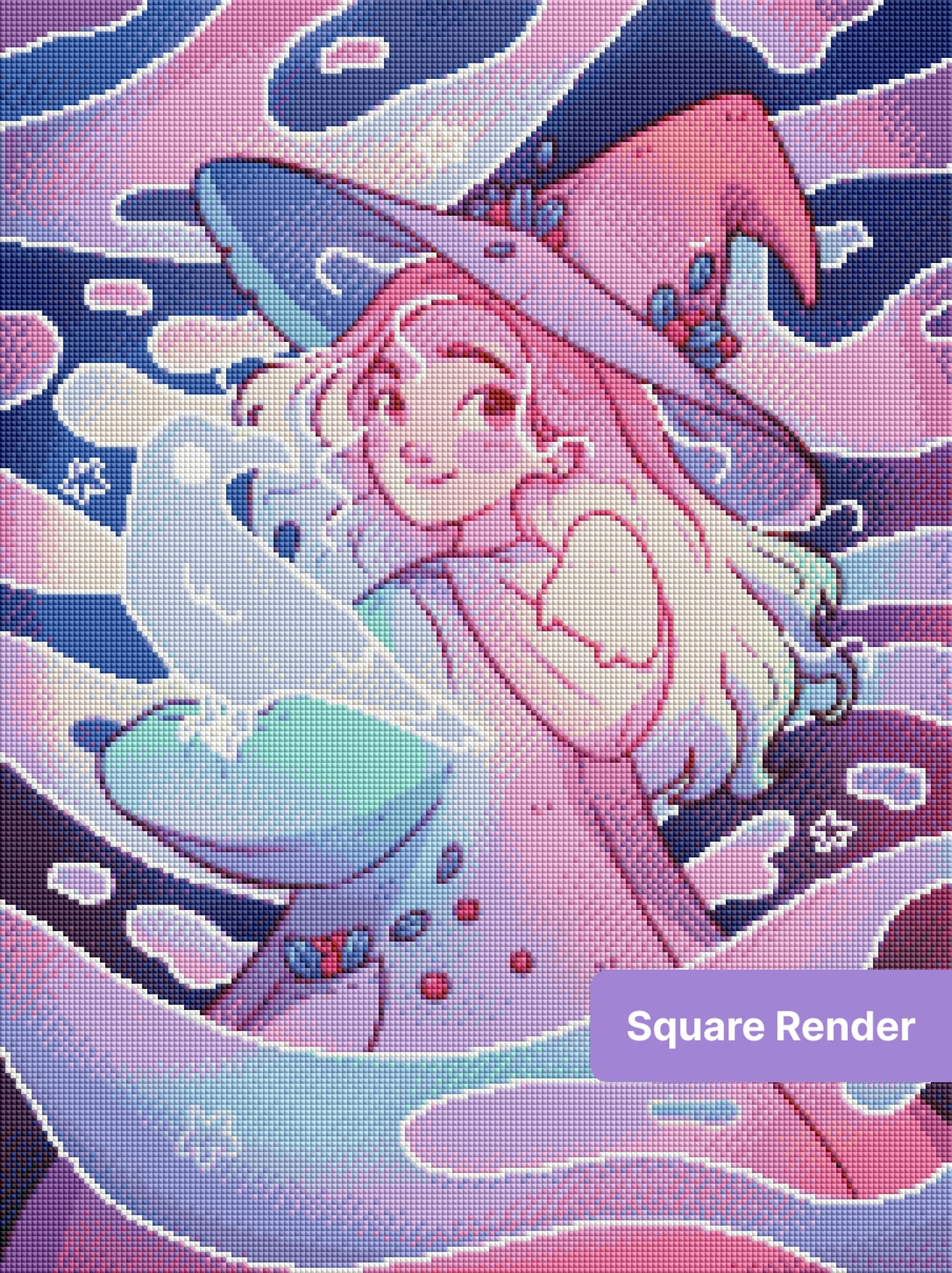 Cartoon witch girl with pastel ravens in a dreamy purple fantasy style