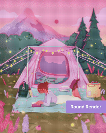 Pastel camping scene with pink tent, fairy lights, mountains, and a woman reading outside