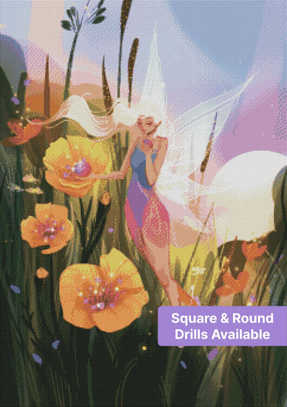 Fantasy fairy in a glowing flower garden with flowing hair, wings, and orange blossoms