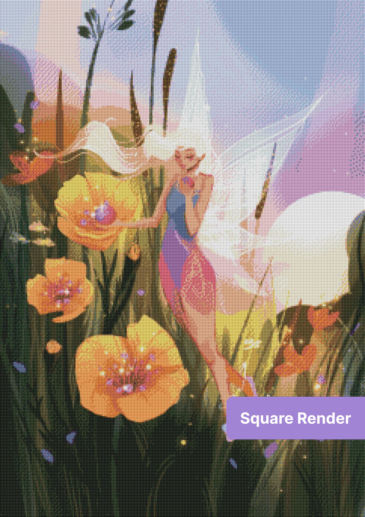Fantasy fairy in a glowing flower garden with flowing hair, wings, and orange blossoms