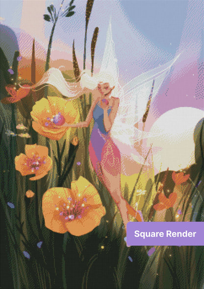 Fantasy fairy in a glowing flower garden with flowing hair, wings, and orange blossoms