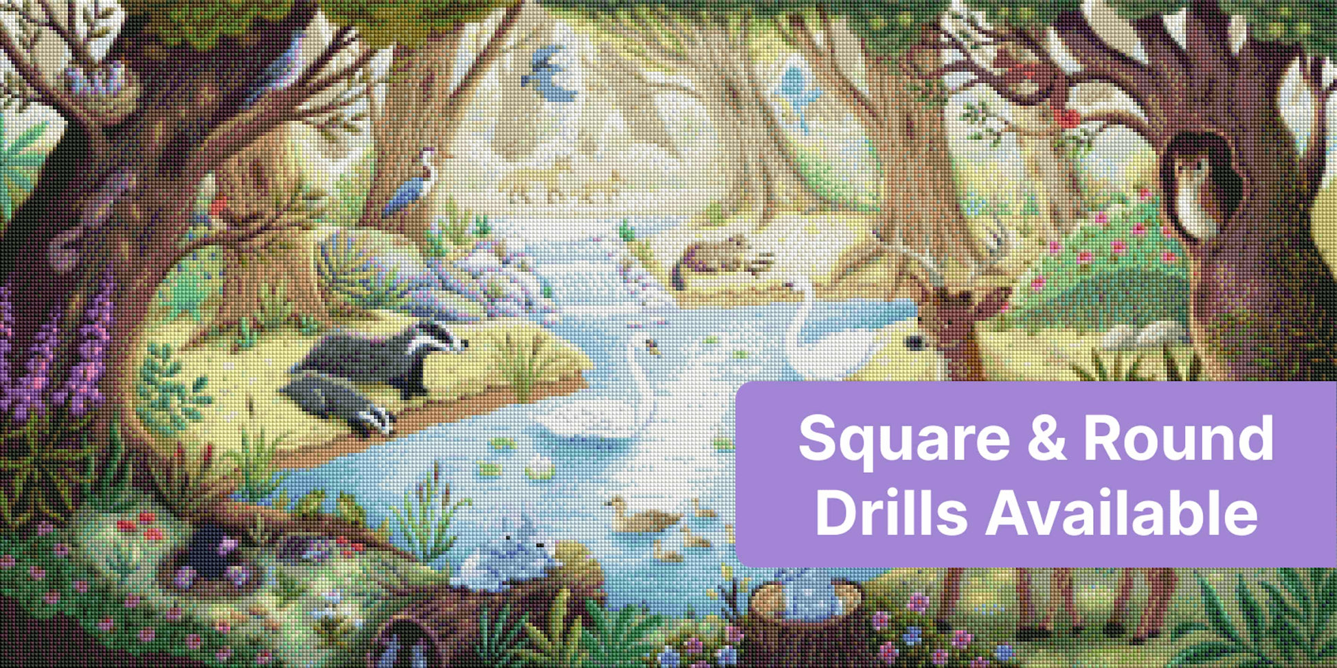 Whimsical woodland pond with deer, swans, owls, and forest animals in soft watercolor style