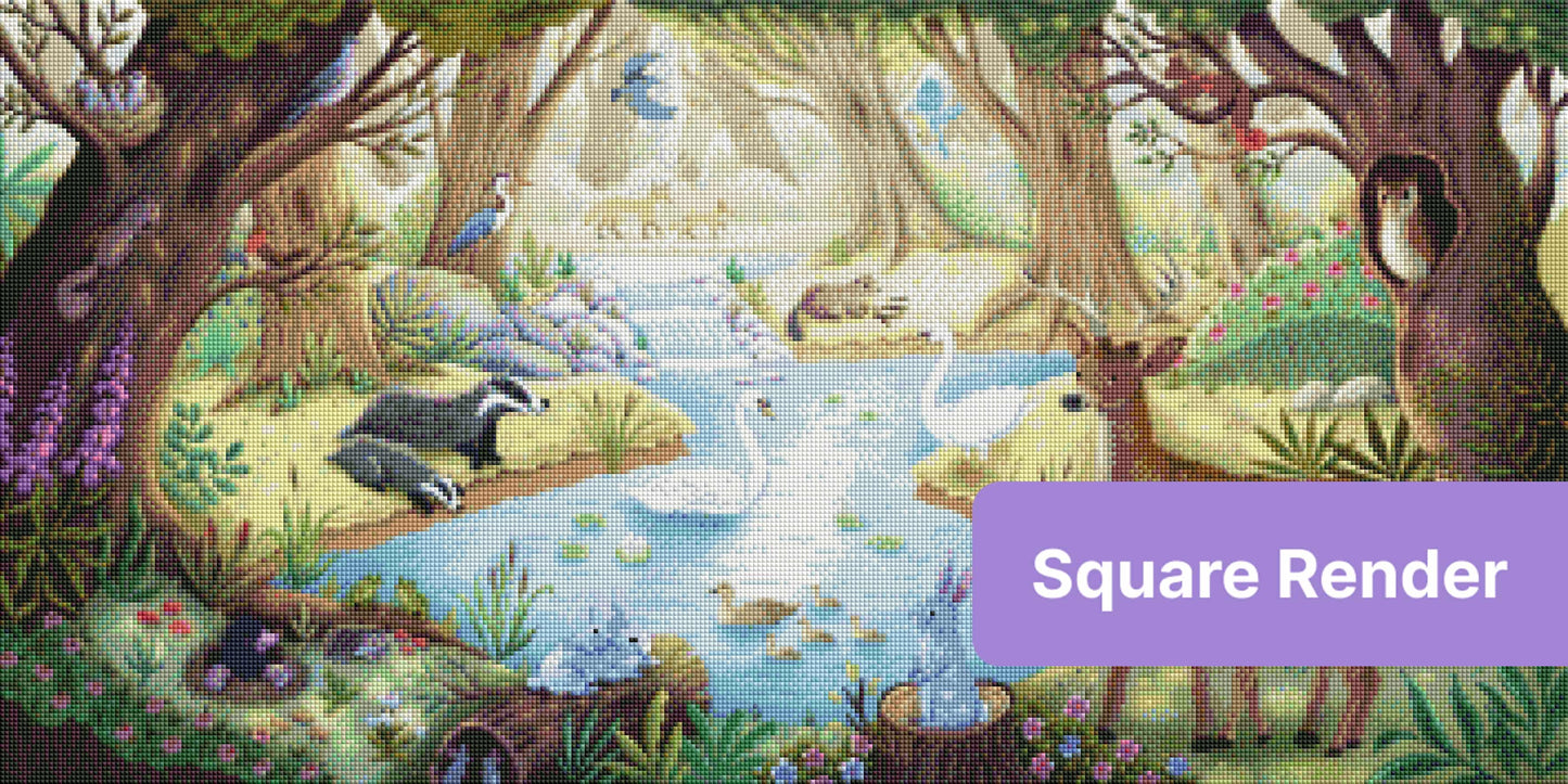 Whimsical woodland pond with deer, swans, owls, and forest animals in soft watercolor style