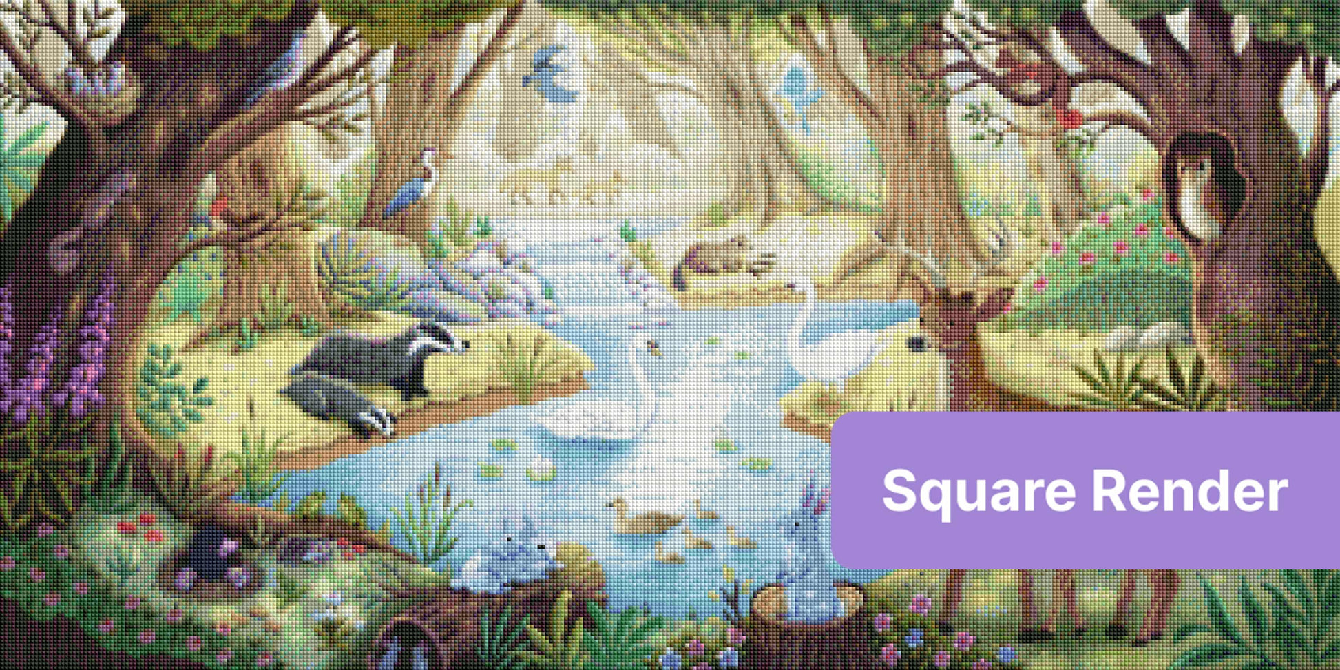 Whimsical woodland pond with deer, swans, owls, and forest animals in soft watercolor style