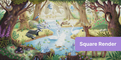 Whimsical woodland pond with deer, swans, owls, and forest animals in soft watercolor style