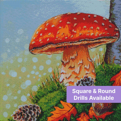Red mushroom with pinecones and greenery in a whimsical forest-style diamond art design