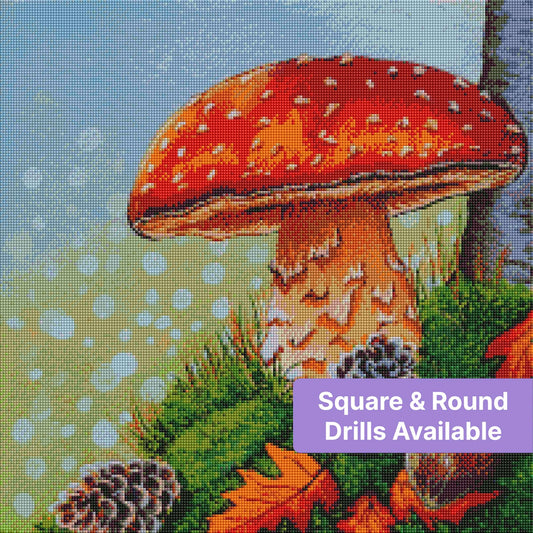 Red mushroom with pinecones and greenery in a whimsical forest-style diamond art design