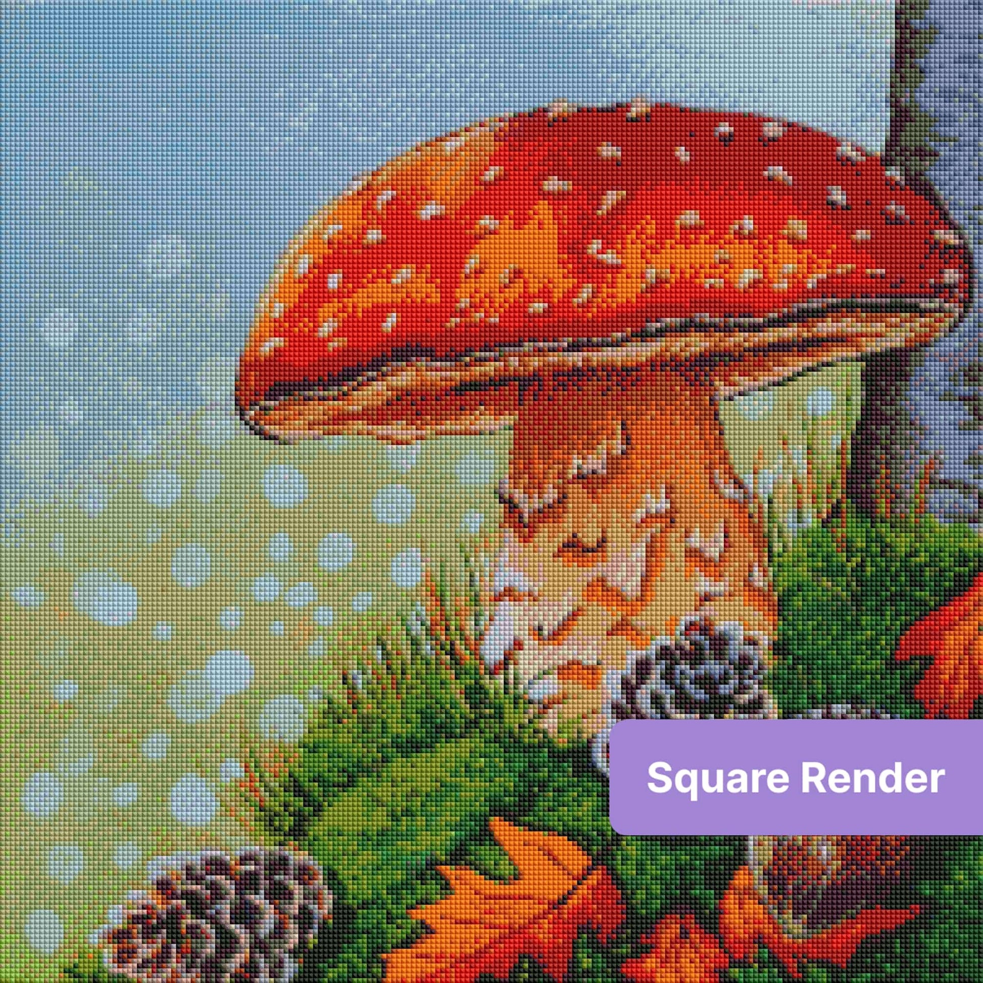Red mushroom with pinecones and greenery in a whimsical forest-style diamond art design