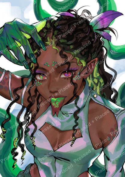 Fantasy fairy portrait with green and violet accents, dark curls, and glowing eyes