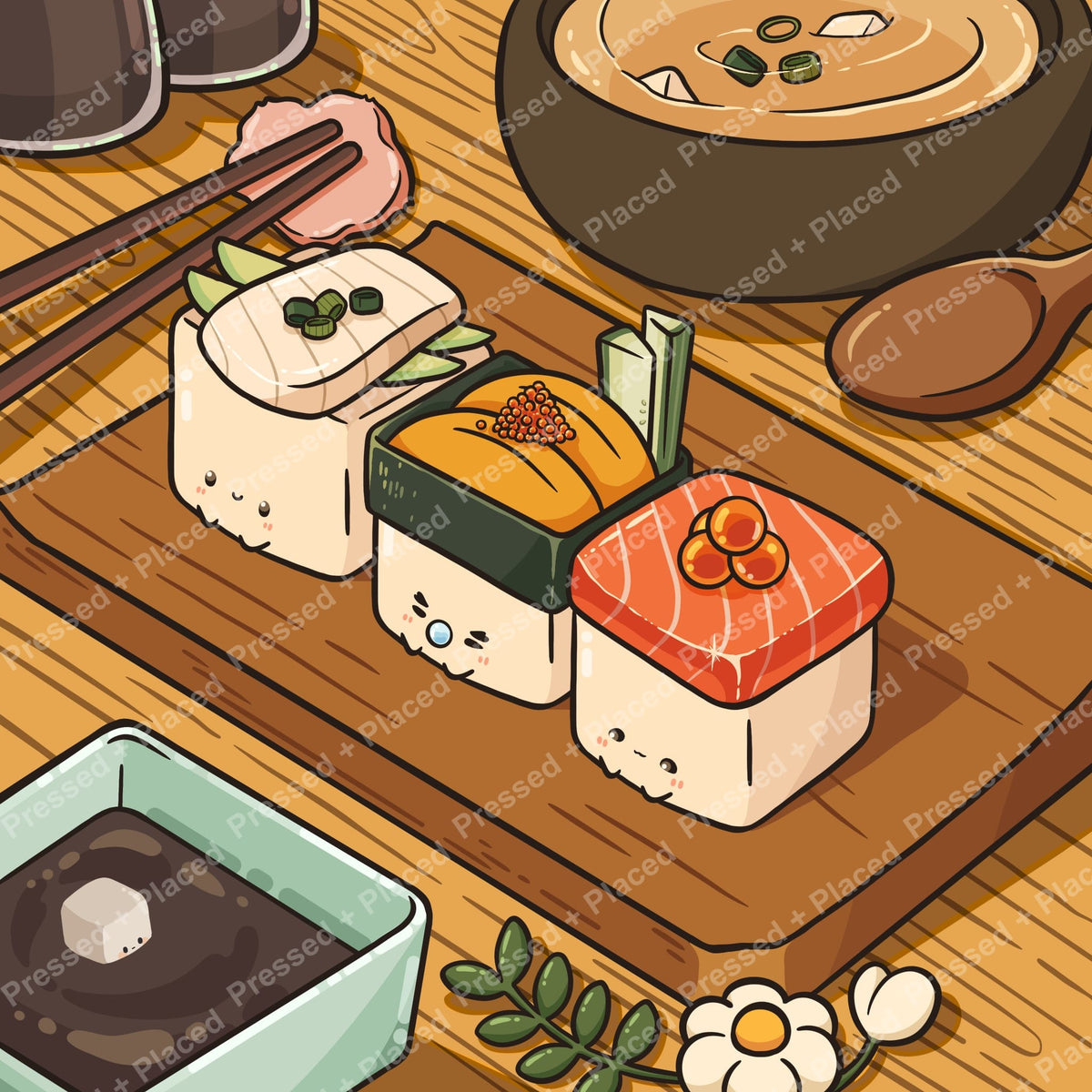 Cute kawaii sushi pieces on a wooden table in warm, colorful Japanese food style