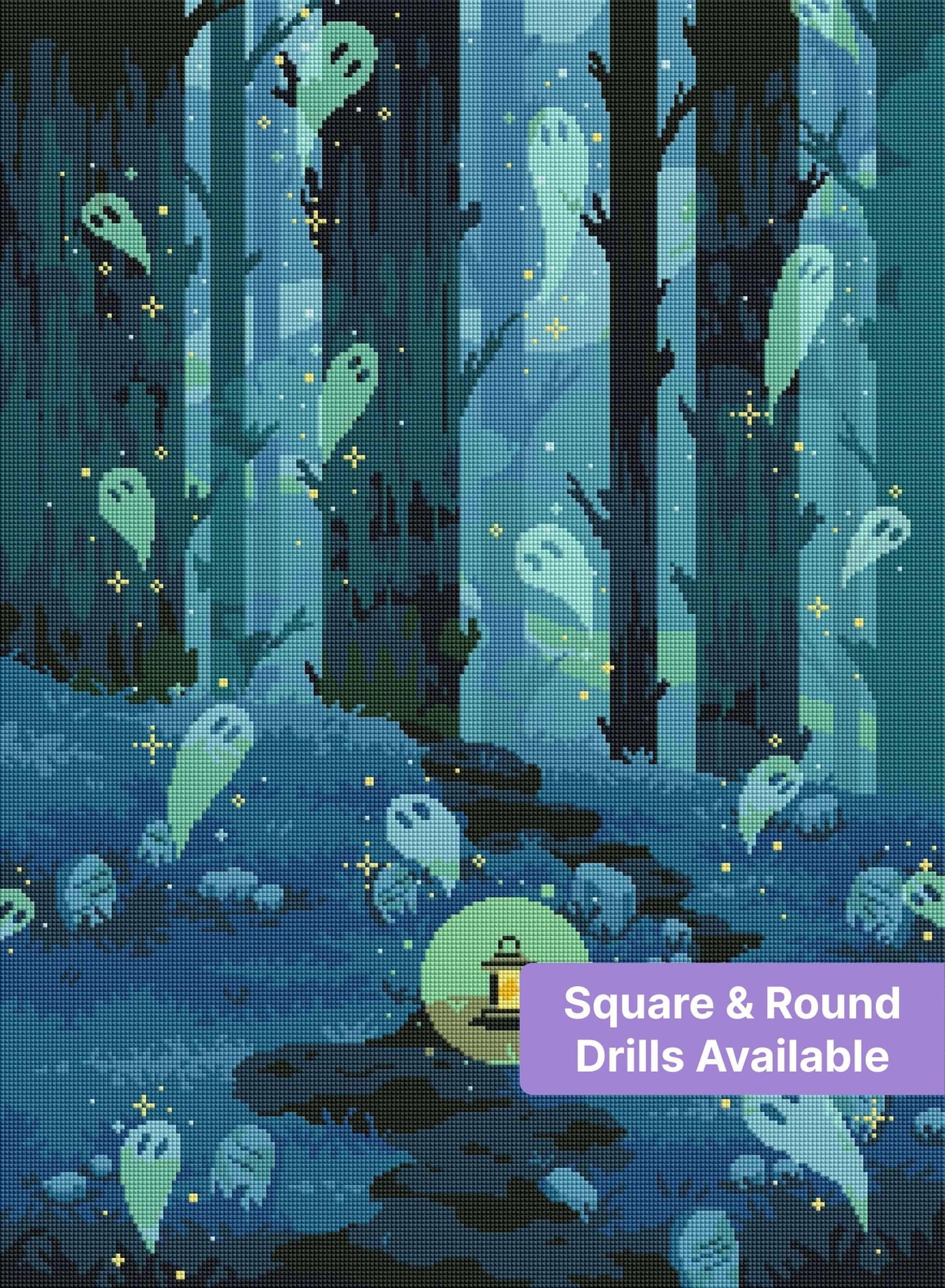 Pixel art ghost forest with lantern-lit path, glowing spirits, and teal woodland tones
