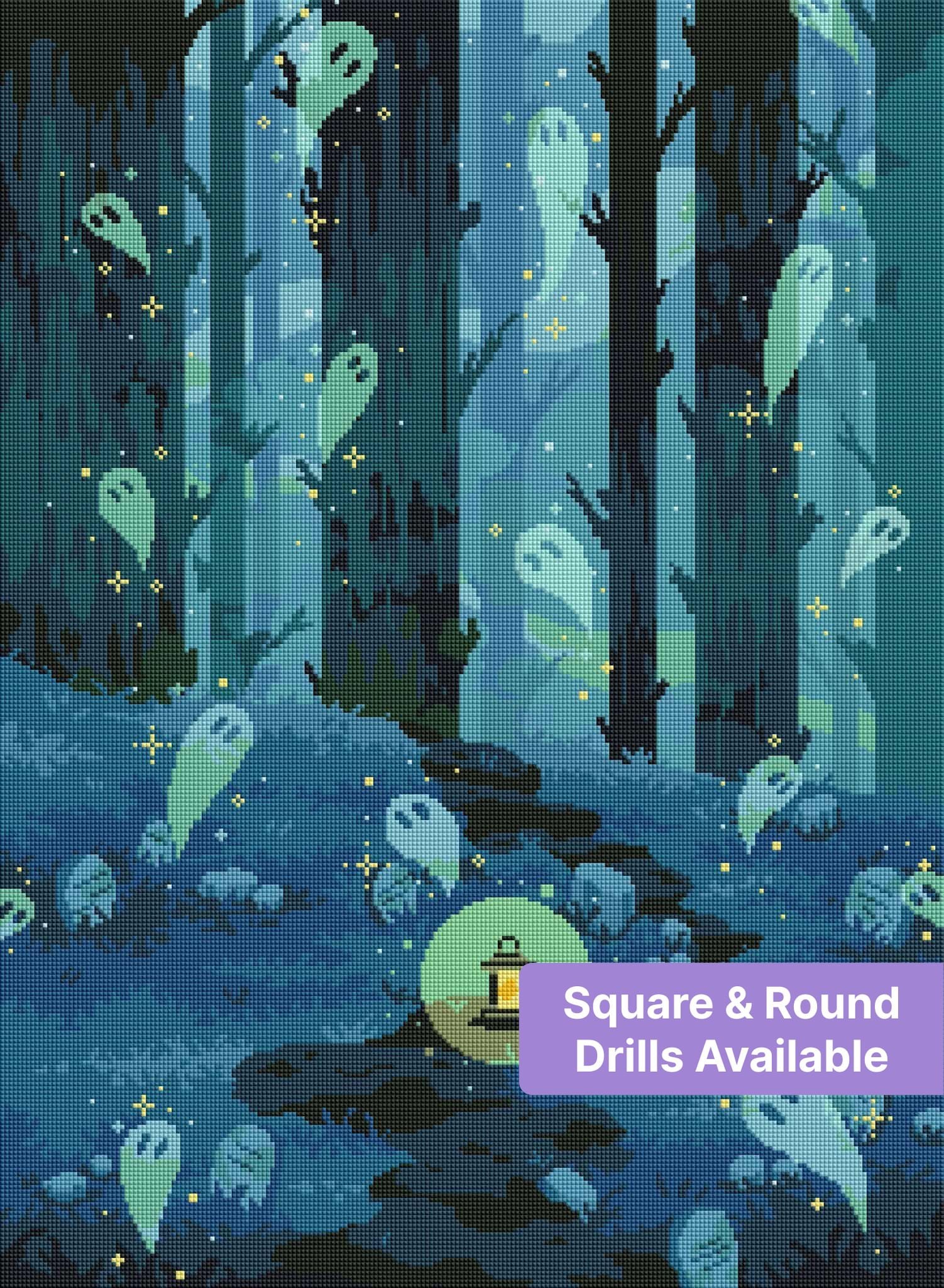 Pixel art ghost forest with lantern-lit path, glowing spirits, and teal woodland tones