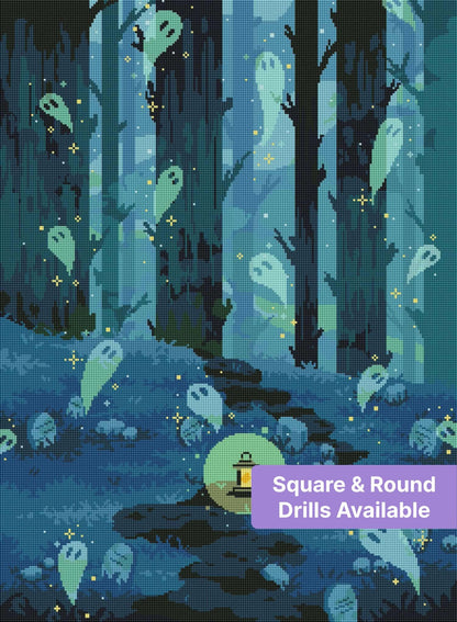 Pixel art ghost forest with lantern-lit path, glowing spirits, and teal woodland tones