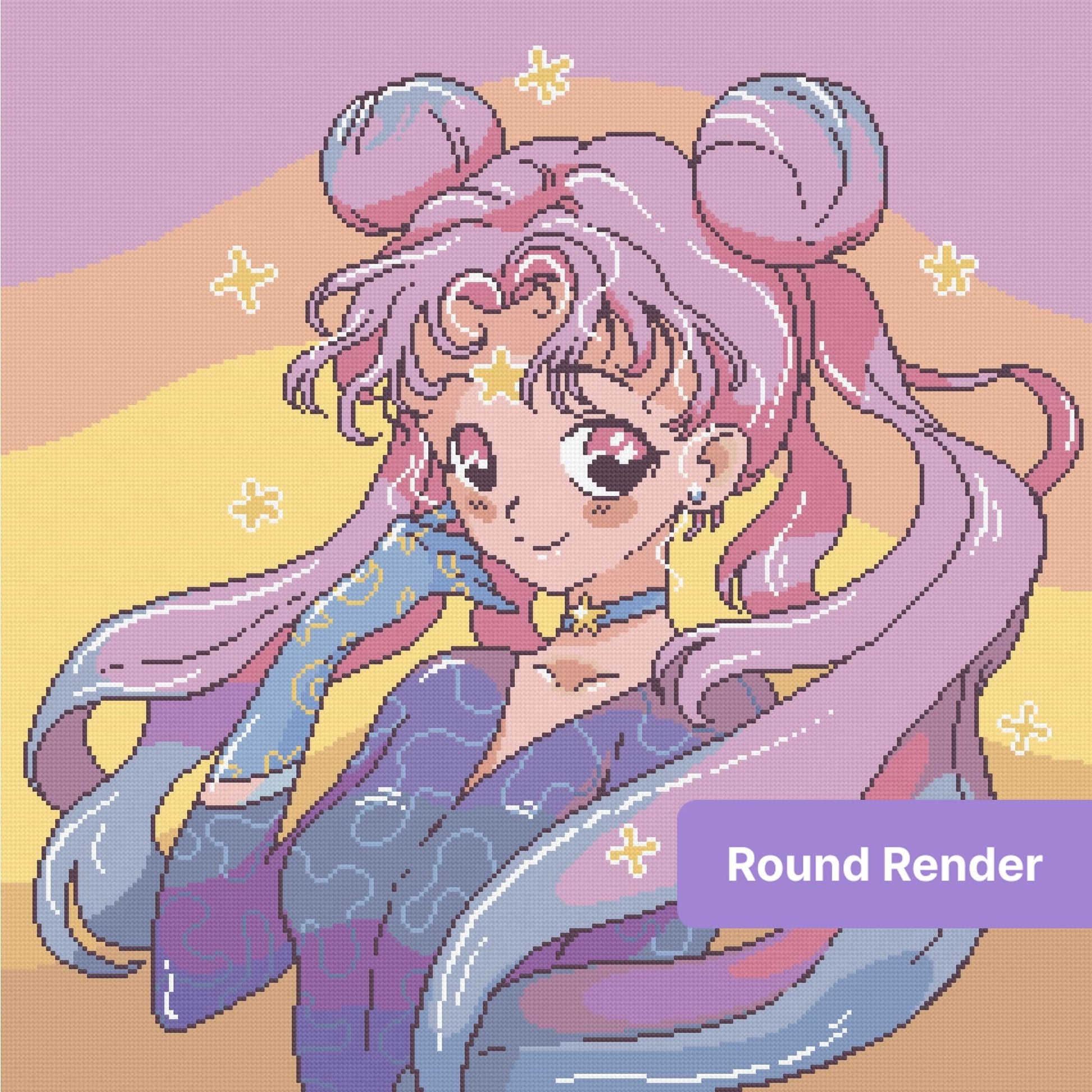 Cute anime girl with pink-purple hair, pastel colors, and star accents in kawaii style