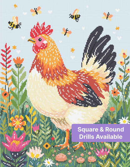 Colorful rooster in a floral garden with butterflies, whimsical painted style