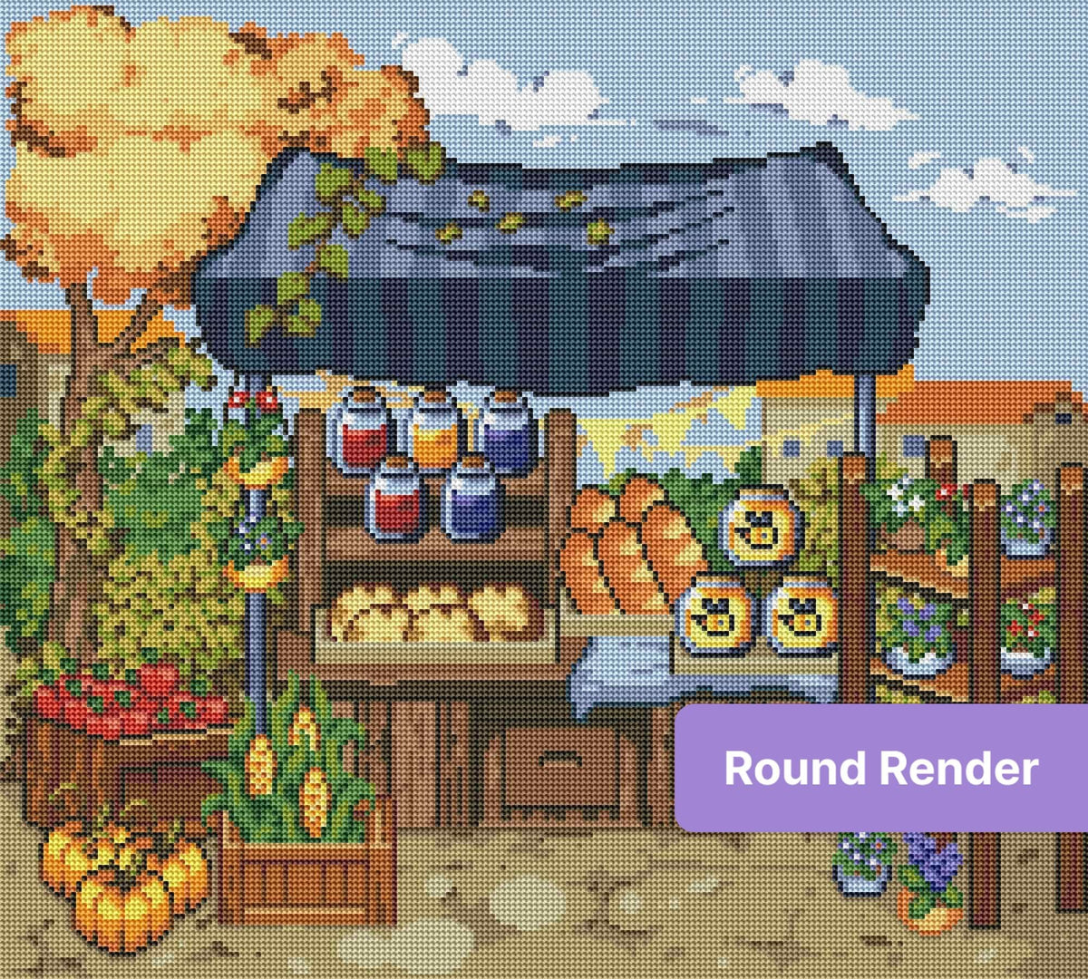 Autumn market stall with pumpkins, flowers, and rustic harvest goods in pixel-art style